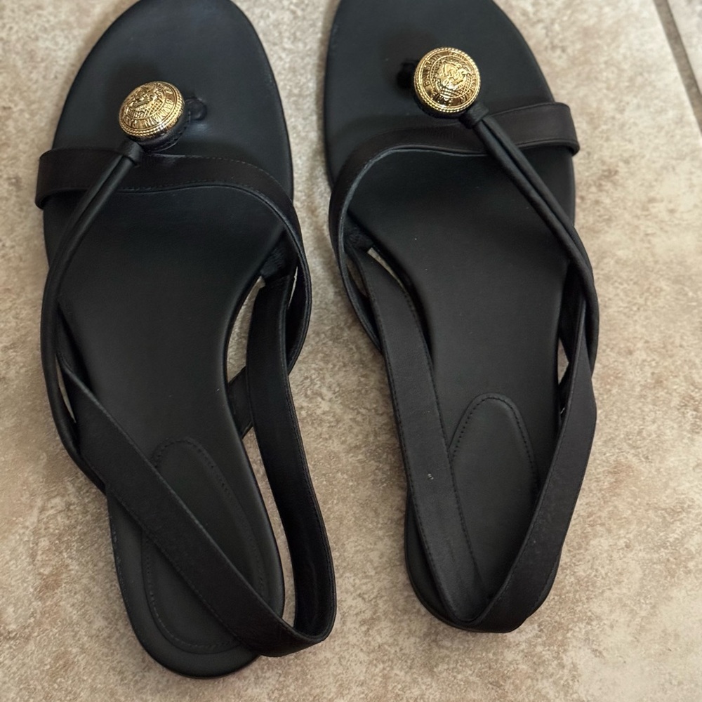 Balmain Black Sandals with Gold Medallion